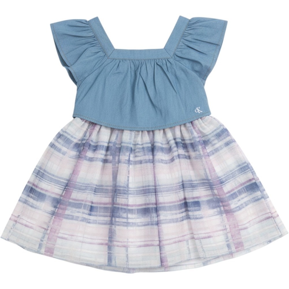 Calvin Klein Girls Dress NWT 4T Chambray Denim Top Plaid Skirt Flutter Sleeve